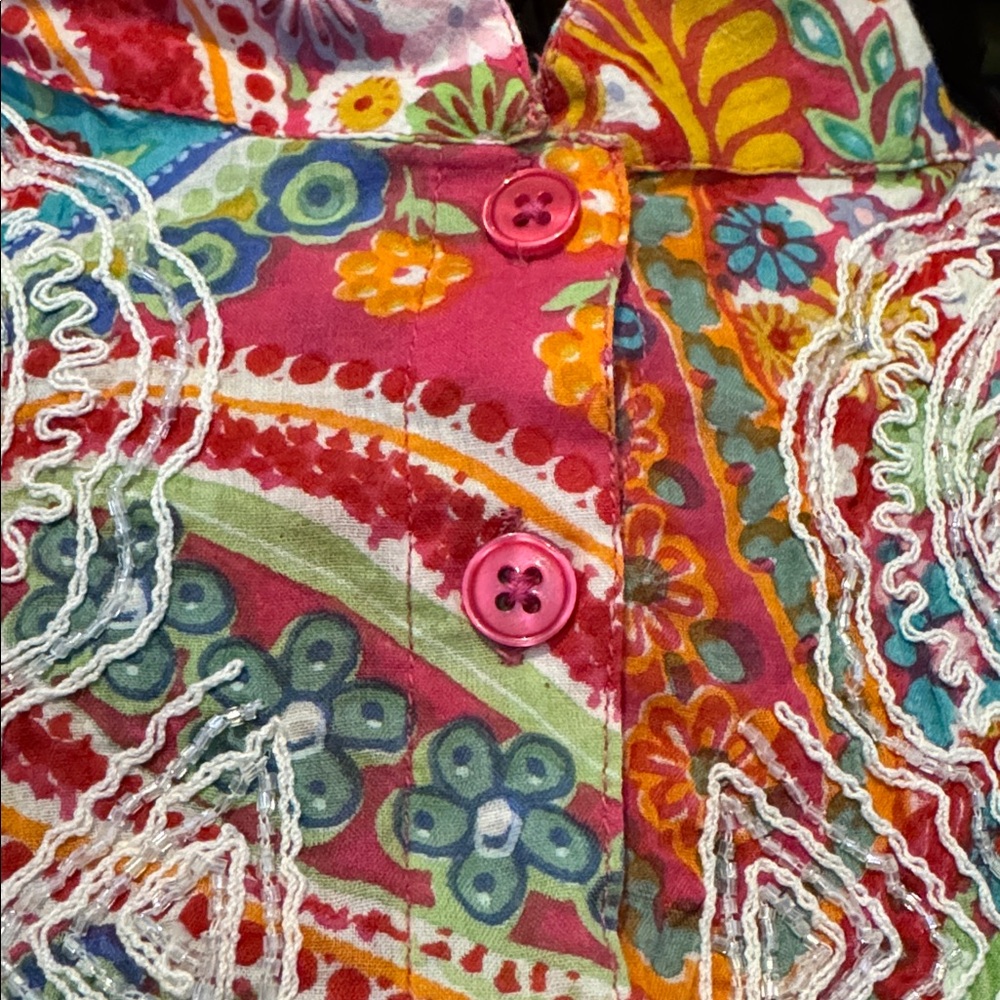 M195 // Bleu Bayou 100% Cotton Multicolored Floral Print Button Front Shirt // L - Picture 6 of 7